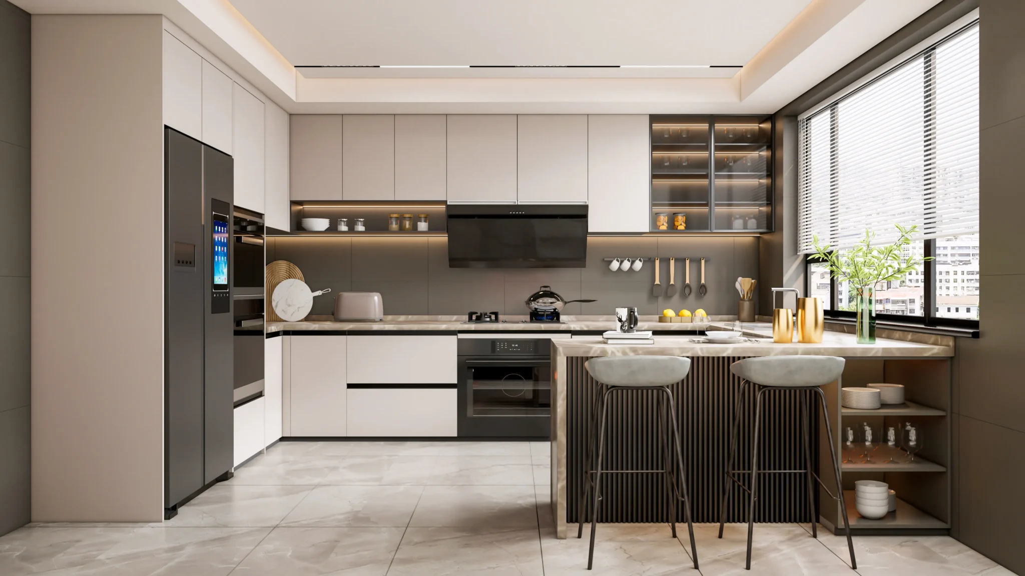A contemporary kitchen showing the difference between matte and gloss cabinet door finishes