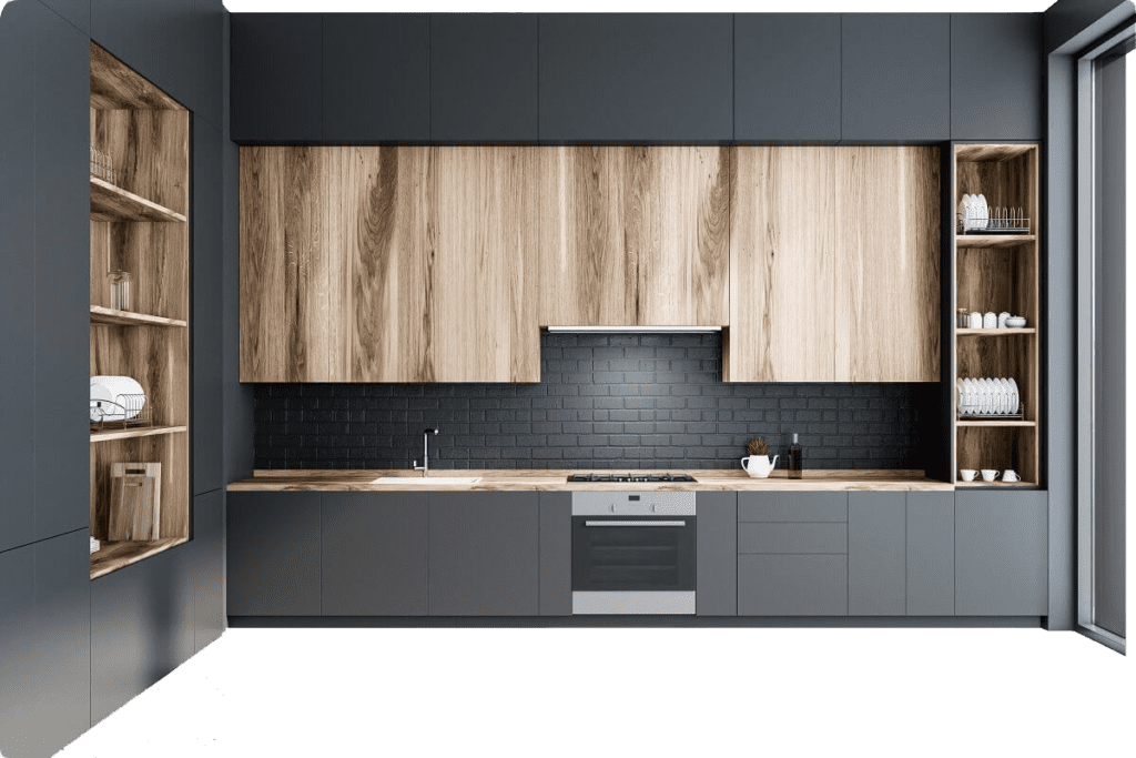 A 3D rendering of a graphite and oak cabinet run produced during the Tiger Cabinetry design stage